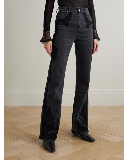 Veronica Beard Black Crosbie High-Rise Embroidered Wide-Leg Jeans