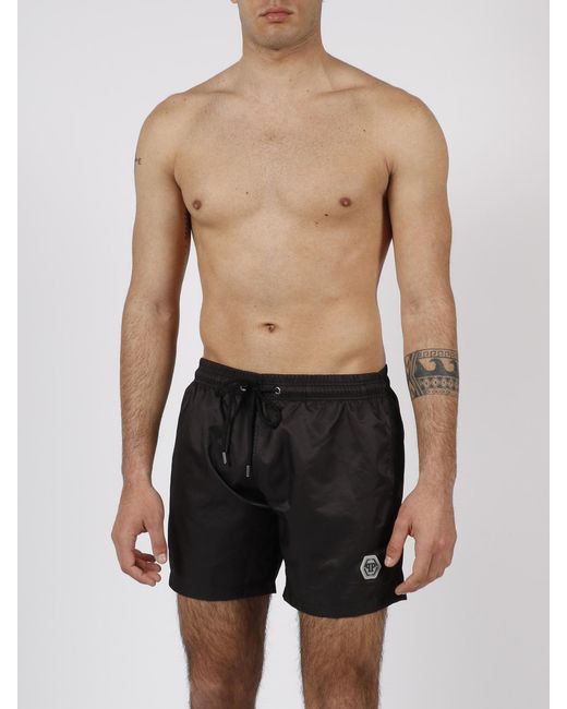 Philipp Plein Black Hexagon Logo-Patch Swim Shorts for men