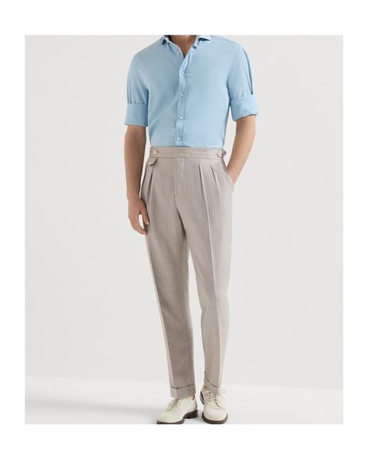 Brunello Cucinelli Gray Cashmere And Silk Chevron Trousers With Double Pleats And Waist Tabs for men