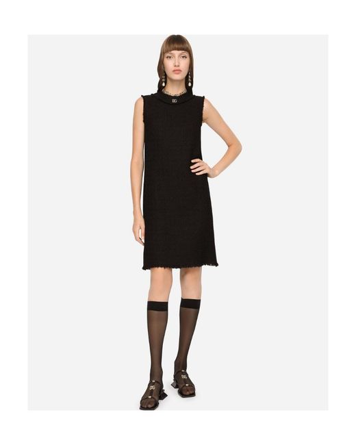 Dolce & Gabbana Black Dg Logo Raschel Tweed Calf-Length Dress