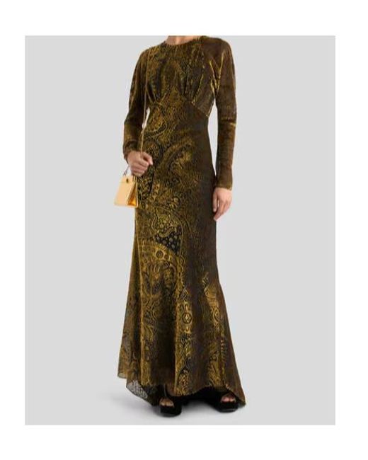 Etro Green Floral Paisley Motif Long Burnout Velvet Dress