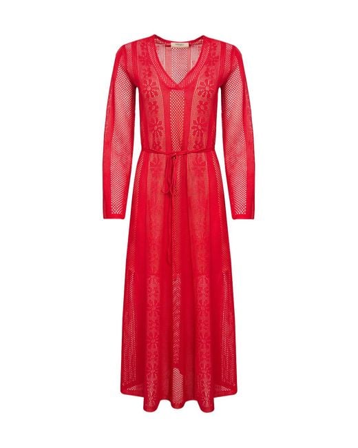 Twinset Red Sheer Floral Knitted Dress