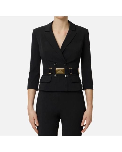 Elisabetta Franchi Black Belted Double-Breasted Blazer