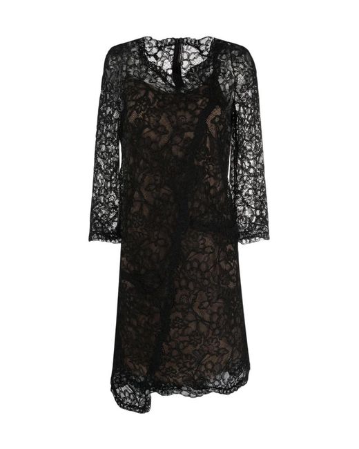 Ermanno Scervino Black Asymmetric Floral Lace Dress