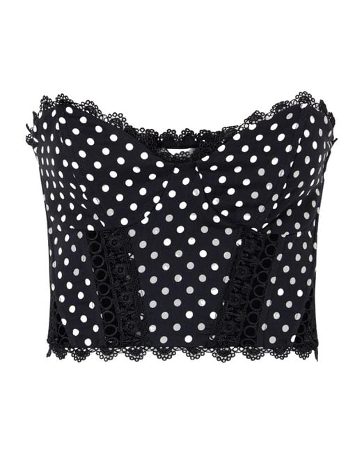 Charo Ruiz Blue Cropped Embroidered Polka-Dot Cotton-Blend Top
