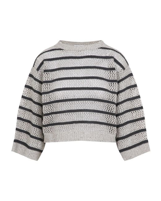 Brunello Cucinelli Gray Striped Knit Jumper
