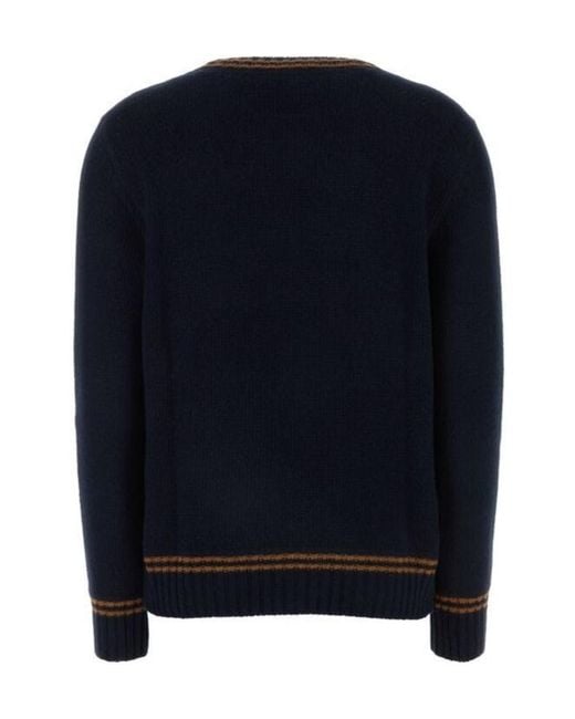 Prada Blue Logo-Intarsia Striped-Trim Crewneck Jumper