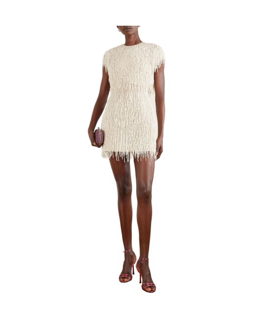 Oscar de la Renta Natural Embellished Fringed Mesh Mini Dress