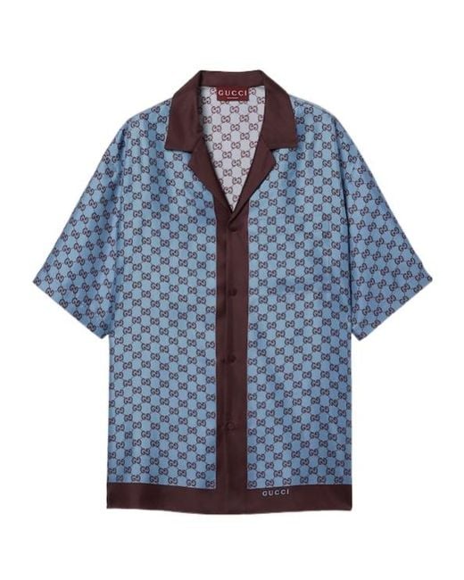 Gucci Blue Regular Fit Printed Silk Twill Shirt for men