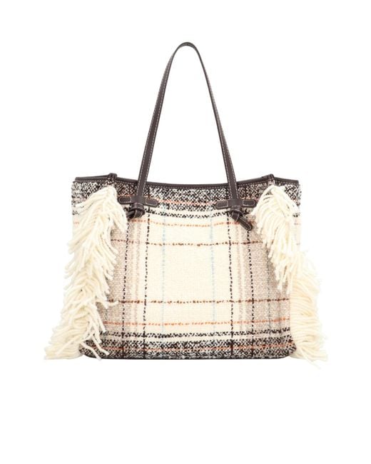 Gianni Chiarini Natural Plaid Fringed Tote Bag