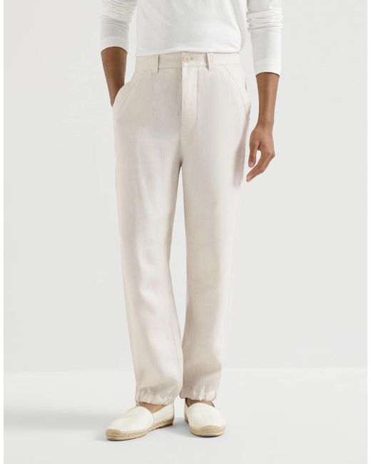 Brunello Cucinelli White Linen Micro Chevron Trousers With Drawstrings for men