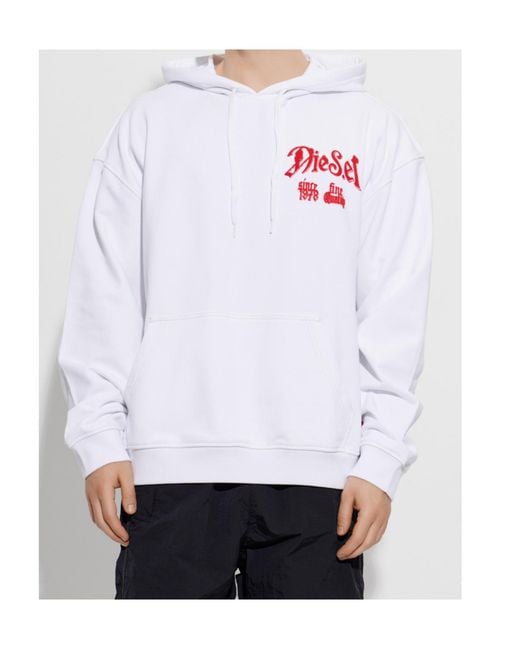 DIESEL White Cotton Hoodie With Flocked Graphics for men