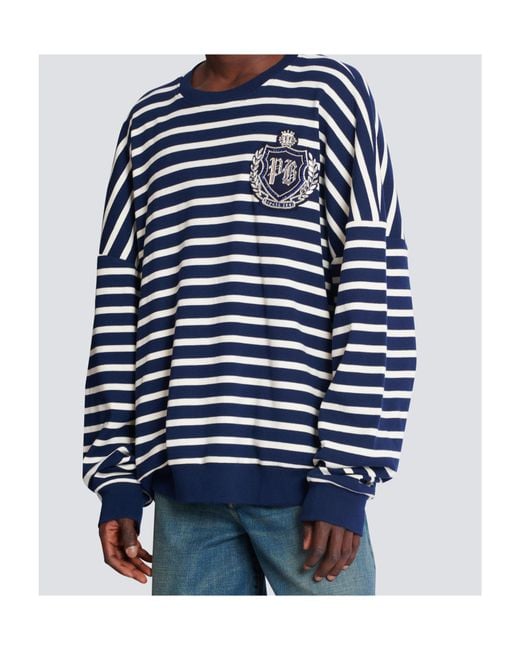 Balmain Blue Cotton College Emblem Sweatshirt With Breton Stripes for men