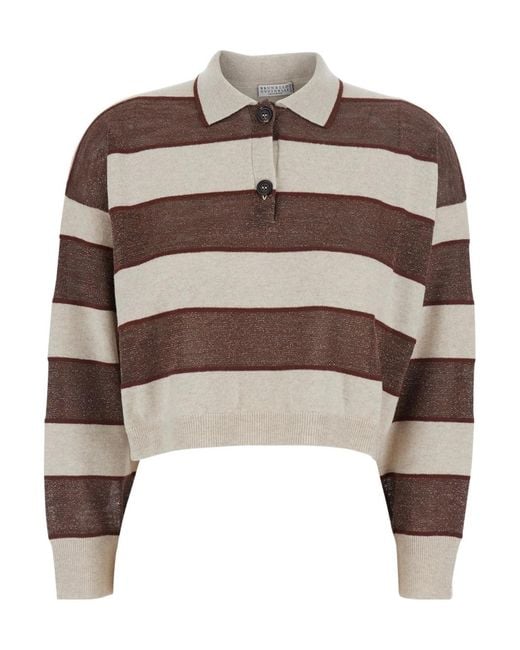 Brunello Cucinelli Brown Long Shirt Sleeve Polo With All-Over Str
