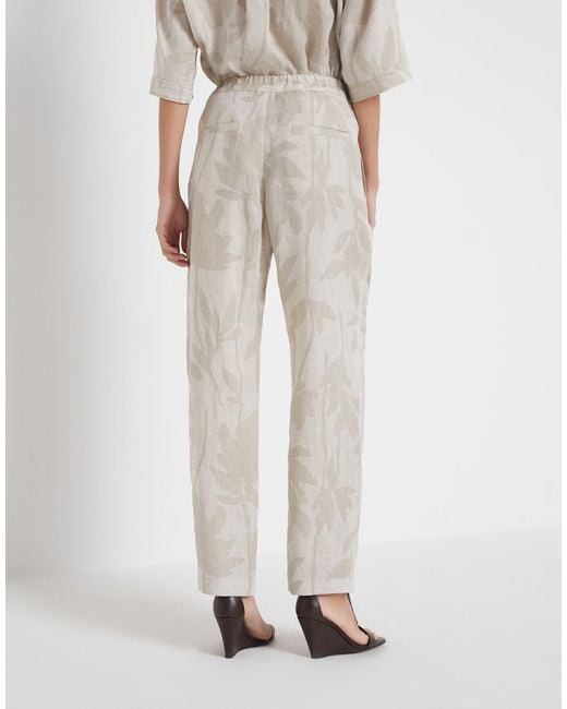 Brunello Cucinelli White Floral-Jacquard Drawstring Tapered Trousers