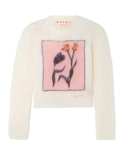Marni White Floral-Print Round-Neck Sweater