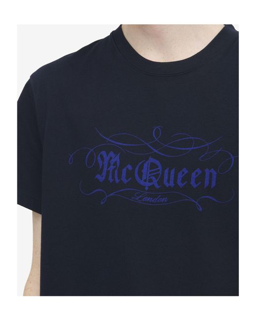McQueen Blue Script Printed Crewneck T-Shirt for men