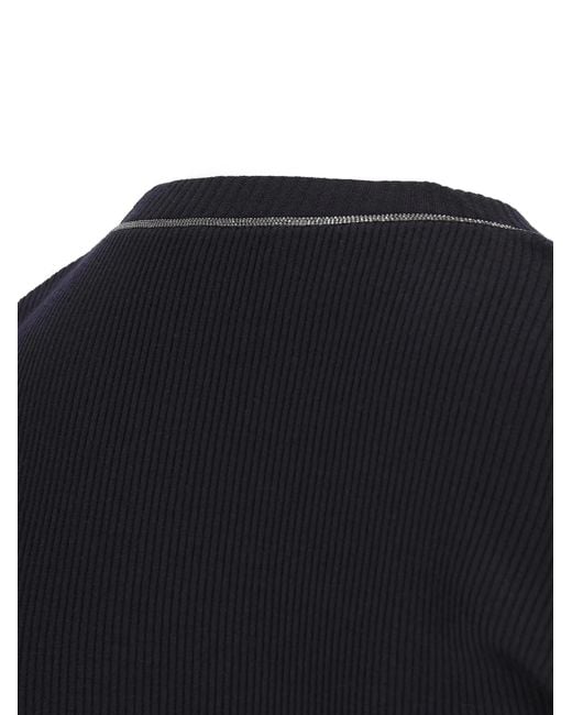 Brunello Cucinelli Black Shiny Trim Ribbed Top