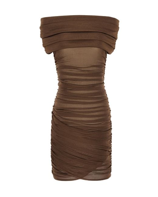 Saint Laurent Brown Off-The-Shoulder Ruched Dress