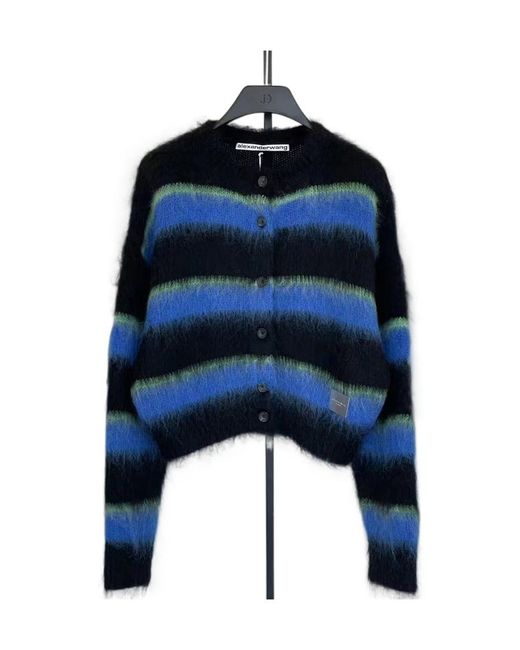 Alexander Wang Blue Striped Crew-Neck Brushed Cardigan