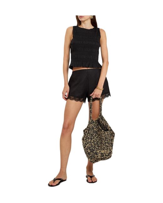 Staud Black Lace-Trim Linen Shorts