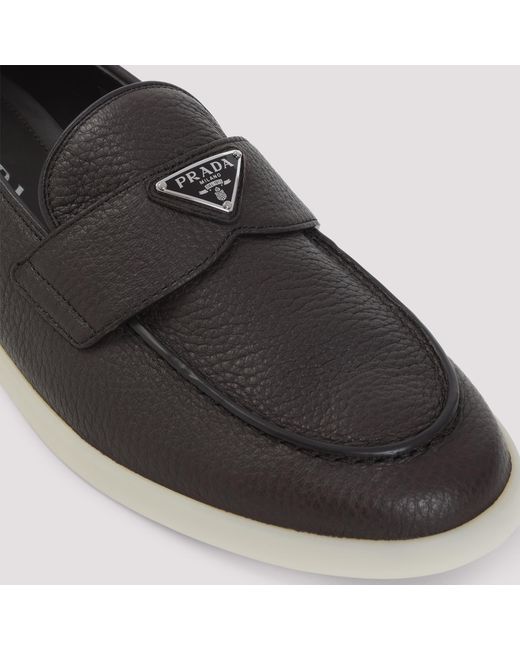 Prada Black Logo Plaque Almond Toe Loafers for men