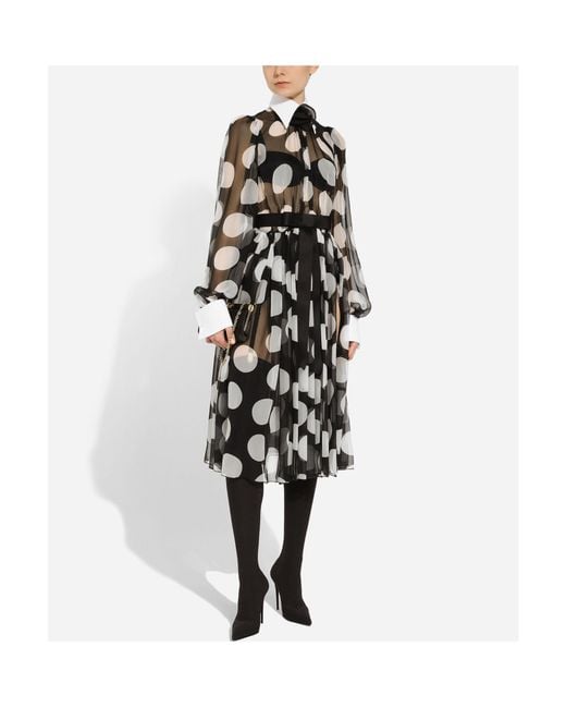 Dolce & Gabbana Black Polka-Dot Chiffon Calf-Length Dress