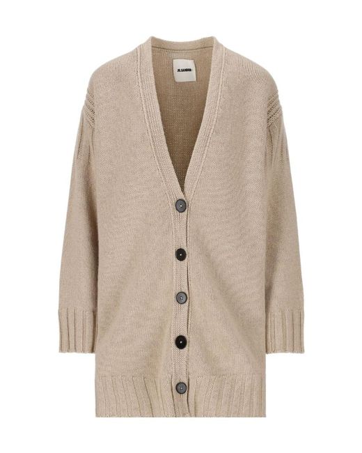 Jil Sander Natural Buttoned V-Neck Long-Sleeved Cardigan
