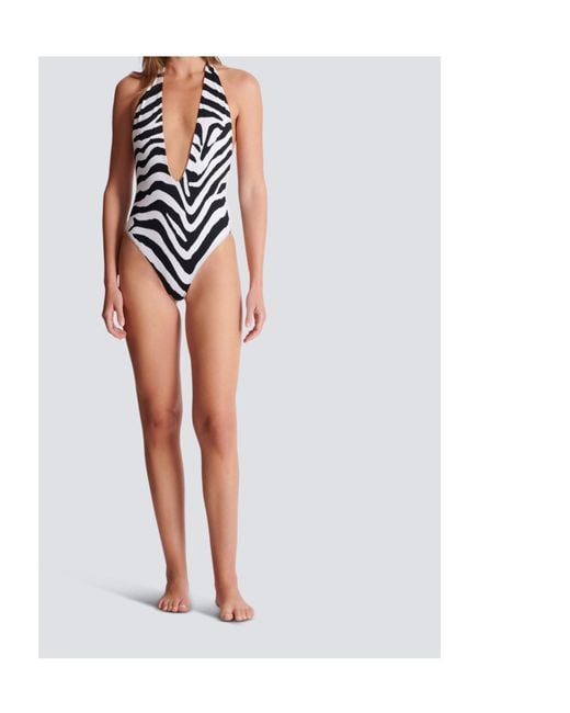 Balmain White Zebra One-Piece Swimsuit