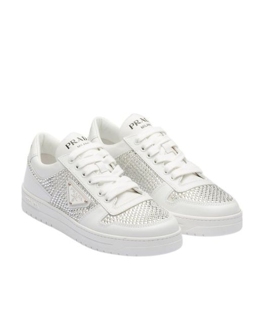 Prada White Crystal Leather Sneakers
