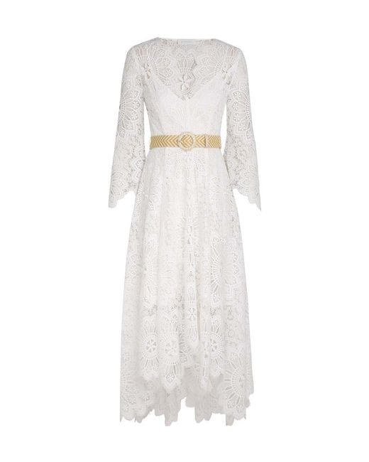 Zimmermann White Chintz Doily-Lace Belted Midi Dress