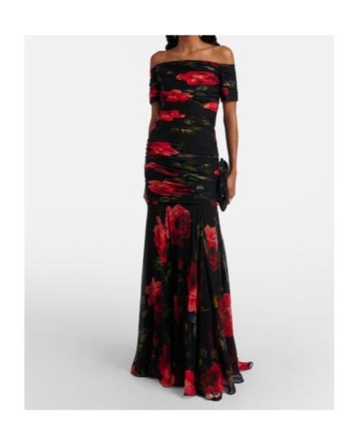 Carolina Herrera Red Floral Ruched Off-Shoulder Silk Chiffon Gown