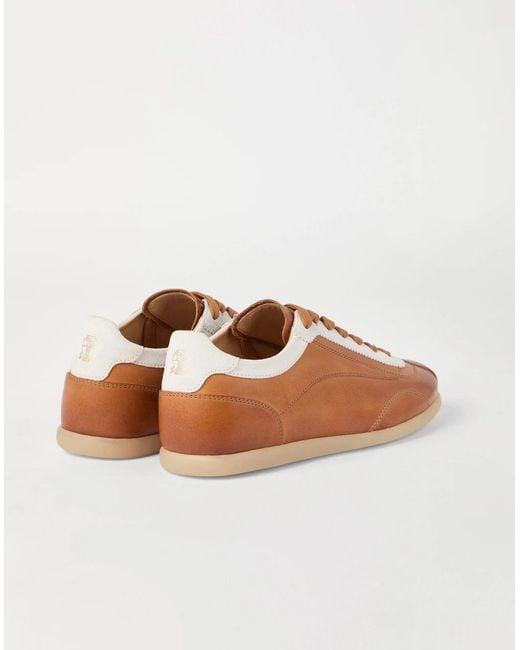 Brunello Cucinelli Brown Calfskin Contrast-Panel Sneakers for men