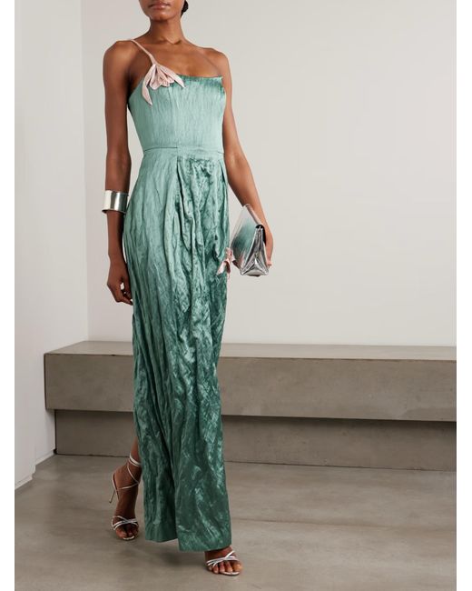 Erdem Green One-Shoulder Beaded Appliqué Pleated Dress