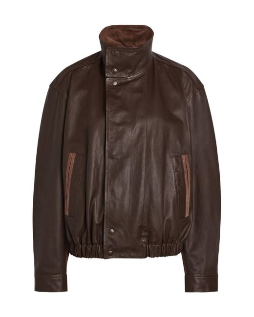 Lemaire Brown High-Neck Leather Jacket