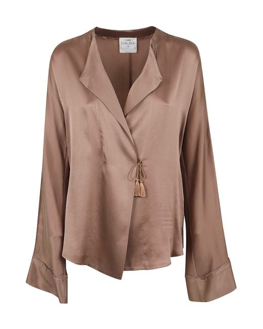 Forte_forte Brown Shiny Stretch Silk Satin Crossed Shirt