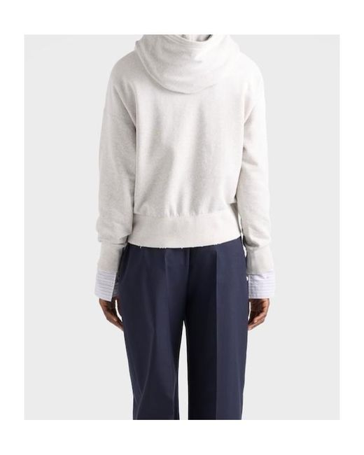 Prada White Cotton Fleece Hoodie With Jewel Brooch