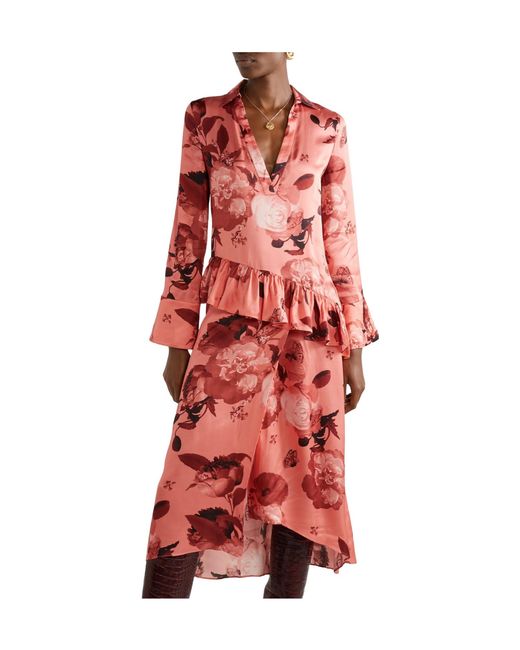Mother Of Pearl Red Ruffled Floral-Print Satin Midi Dress