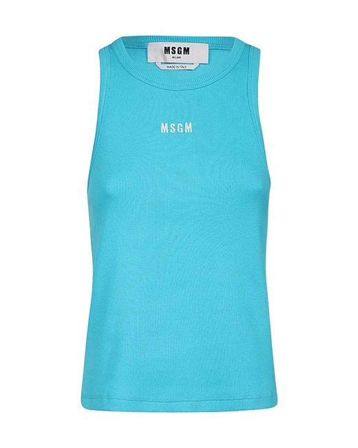 MSGM Blue Logo Embroidered Sleeveless Ribbed Tank Top