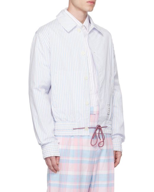 Thom Browne White Striped Drawstring Waistband Shirt Jacket for men