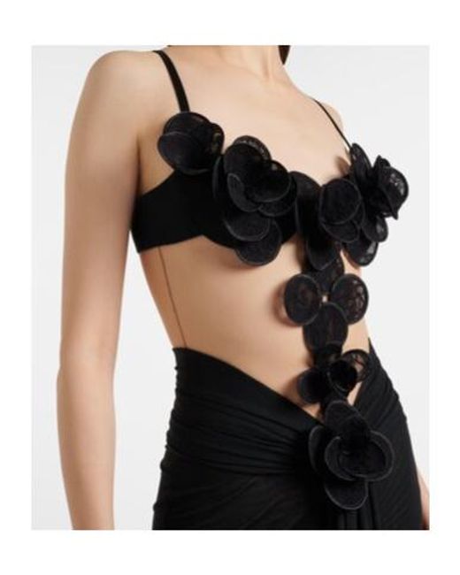 David Koma Black Floral-Appliqué Mesh Gown