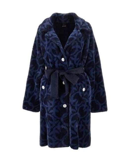 Pinko Blue Pattern Belted Buttoned Coat