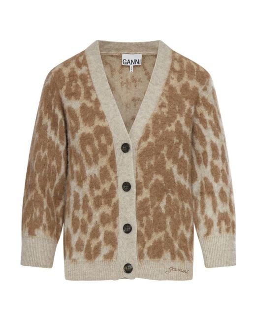 Ganni Brown Leopard Jacquard Knitted Cardigan