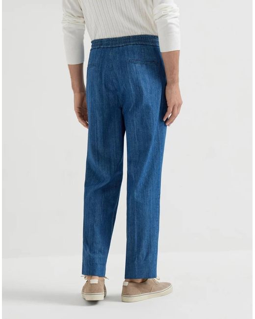 Brunello Cucinelli Blue Double Pleats Lightweight Denim Trousers for men