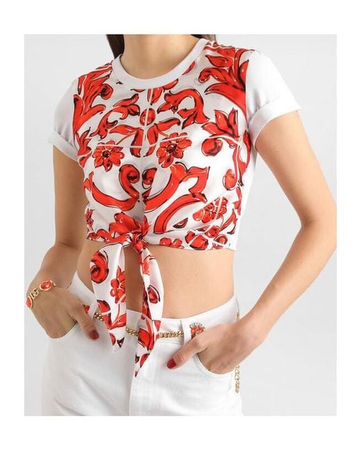Dolce & Gabbana Red Majolica Tie-Front Crop T-Shirt