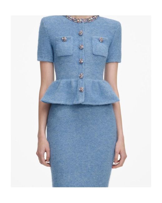 Self-Portrait Blue Peplum Knitted Midi Resses