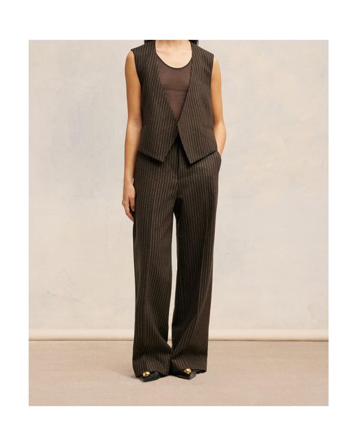 AMI Brown Pinstripe-Pattern Wool Trousers
