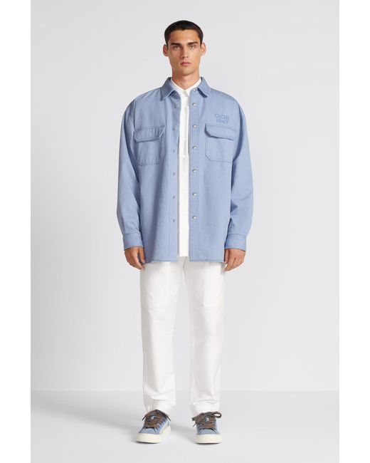 Dior Blue Homme 1947 Logo Embroidered Long-Sleeved Overshirt for men