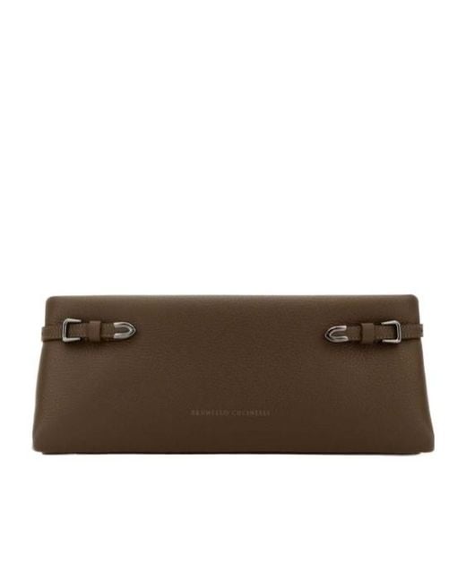 Brunello Cucinelli Brown Buckled Leather Clutch Bag