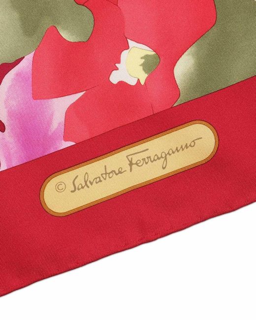 Ferragamo Red Printed Square Silk Scarf